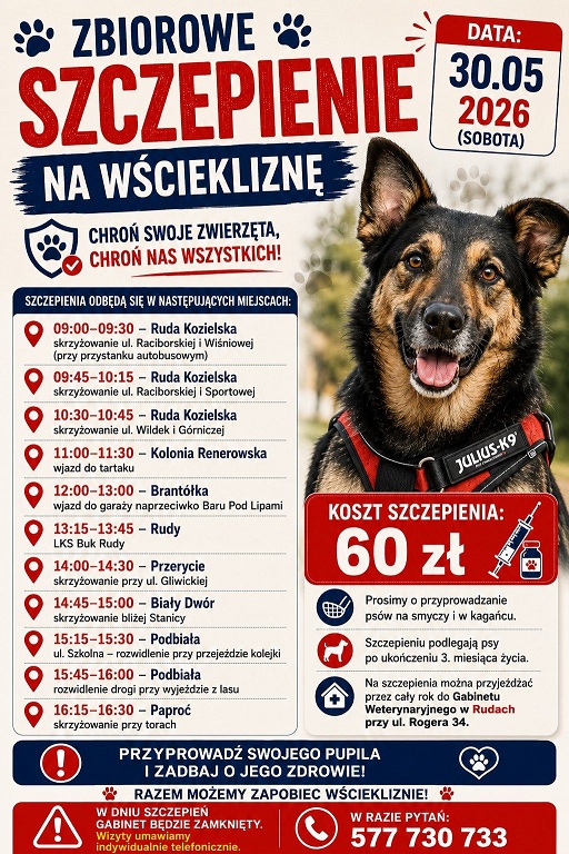 ZBIOROWE SZCZEPIENIE NA WŚCIEKLIZNĘ! CHROŃ SWOJE ZWIERZĘTA, CHROŃ NAS WSZYSTKICH! 