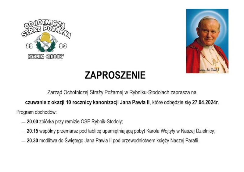 Czuwanie w Rybniku – Stodołach w X rocznicę kanonizacji Papieża św. Jana Pawła II.